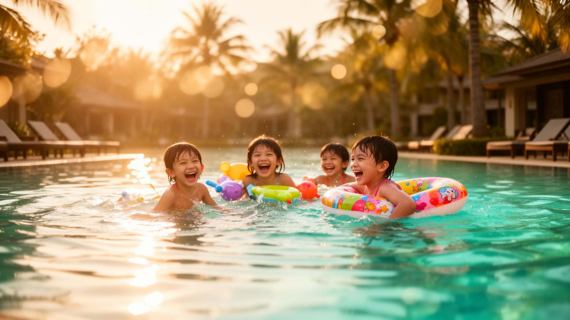 Anak-anak bermain di kolam renang resort